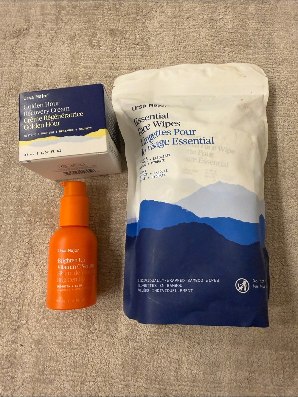 Ursa Major cream + serum + wipes